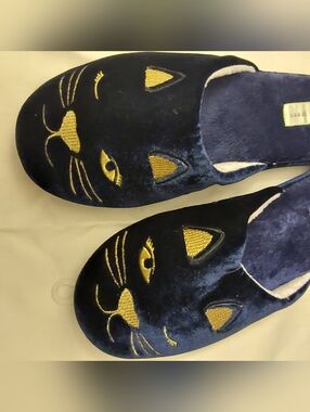 PATRICIA GREEN Plush Navy Velvet Cat Embroidered Slippers XL • Brand New
